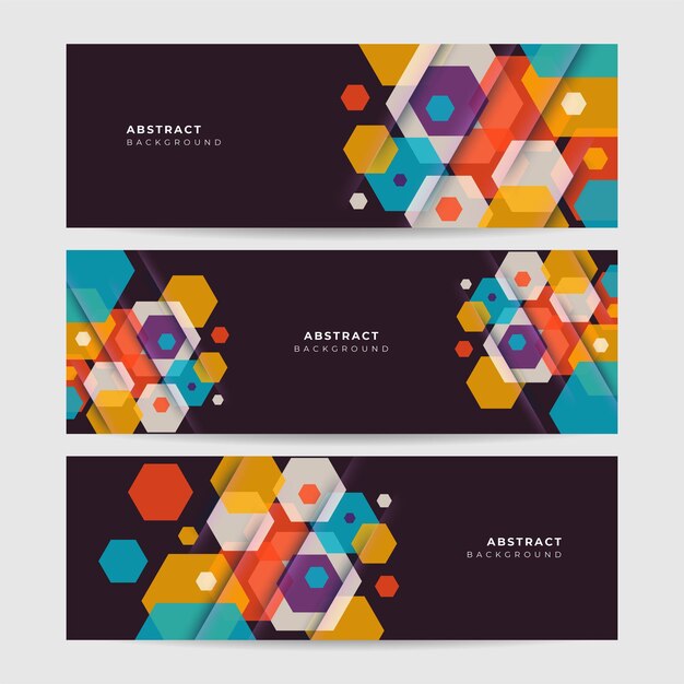 Conjunto de fondo de diseño de banner ancho de memphis colorido negro abstracto hexagonal Fondo de banner geométrico abstracto moderno