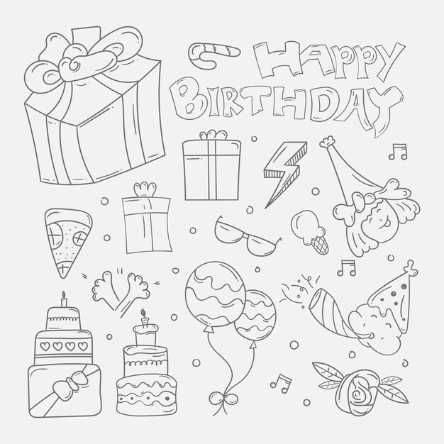 Conjunto de fondo de doodle de feliz cumpleaños en croquis dibujado a mano