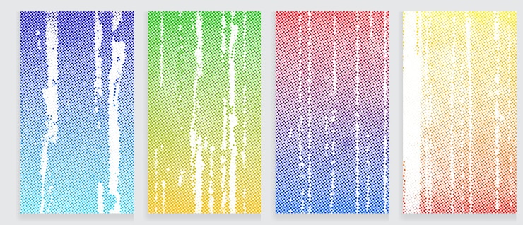 Vector conjunto de fondo de gradiente de medio tono colorido patrones de puntos vectoriales dinámicos con amarillo azul verde
