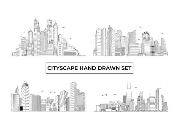 Conjunto de fondo de ilustración dibujado a mano de bosquejo de paisaje de ciudad