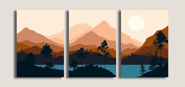 Conjunto de fondo de paisaje minimalista con vistas a la montaña y al lago