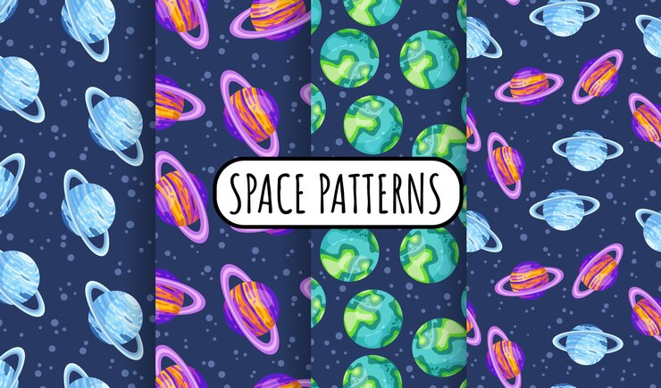 Vector conjunto de fondo de patrón de espacio transparente de cosmos con planetas con anillos. colección de azulejos de textura de papel tapiz de niños planetas del sistema solar.