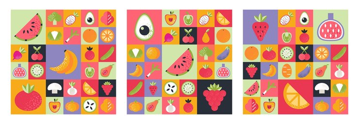 Vector conjunto de fondo de patrón geométrico abstracto aislado en estilo bauhaus con varias bayas de frutas
