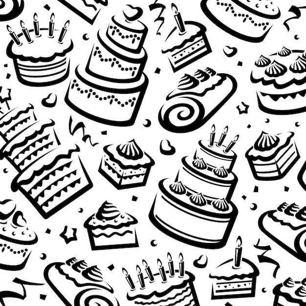 Conjunto de fondo de patrón de pastel. Torta de icono de colección. Vector