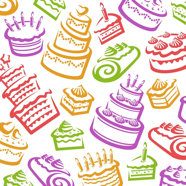 Conjunto de fondo de patrón de pastel. Torta de icono de colección. Vector