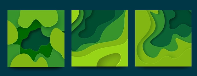 Conjunto de fondos abstractos 3D con formas de papel verde Entorno de arte tallado colorido y elemento ecológico Diseño de diseño vectorial para carteles de volantes e invitaciones Vector