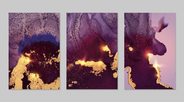 Conjunto de fondos abstractos de color púrpura oscuro y dorado con textura de mármol y brillo brillante