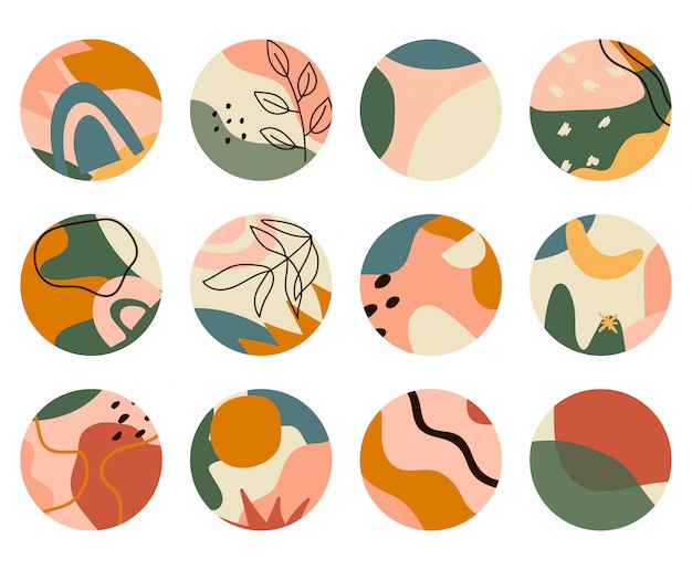Conjunto de fondos abstractos. Diferentes formas abstractas. Resumen aislado iconos redondos para historias más destacados. Dibujado a mano doodle objetos y formas.