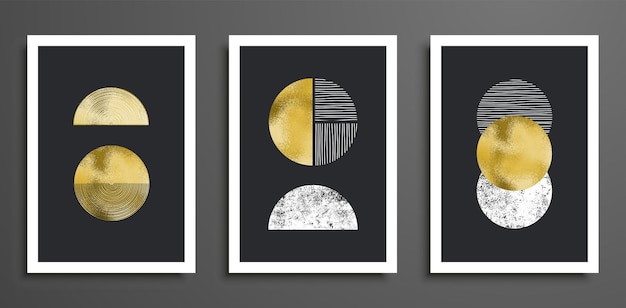 Conjunto de fondos abstractos de estilo minimalista moderno de mediados de siglo. Diseño de estampados de arte mural. Formas geométricas simples. Arco de línea boho, círculo texturizado, sol, luna, arco iris. Textura de círculo dorado.