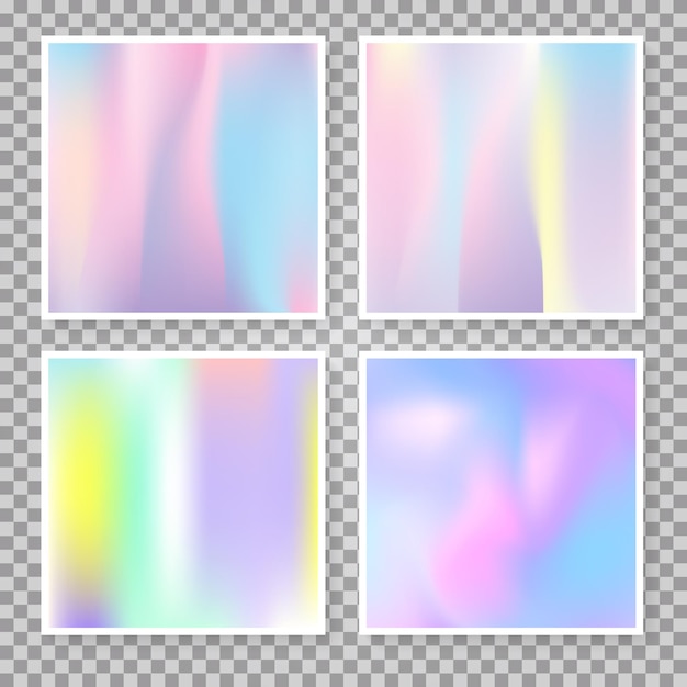 Conjunto de fondos abstractos de malla de degradado. Telón de fondo holográfico de plástico con malla de degradado. Estilo retro de los 90, 80. Plantilla gráfica nacarada para banner, flyer, portada, interfaz móvil, aplicación web.