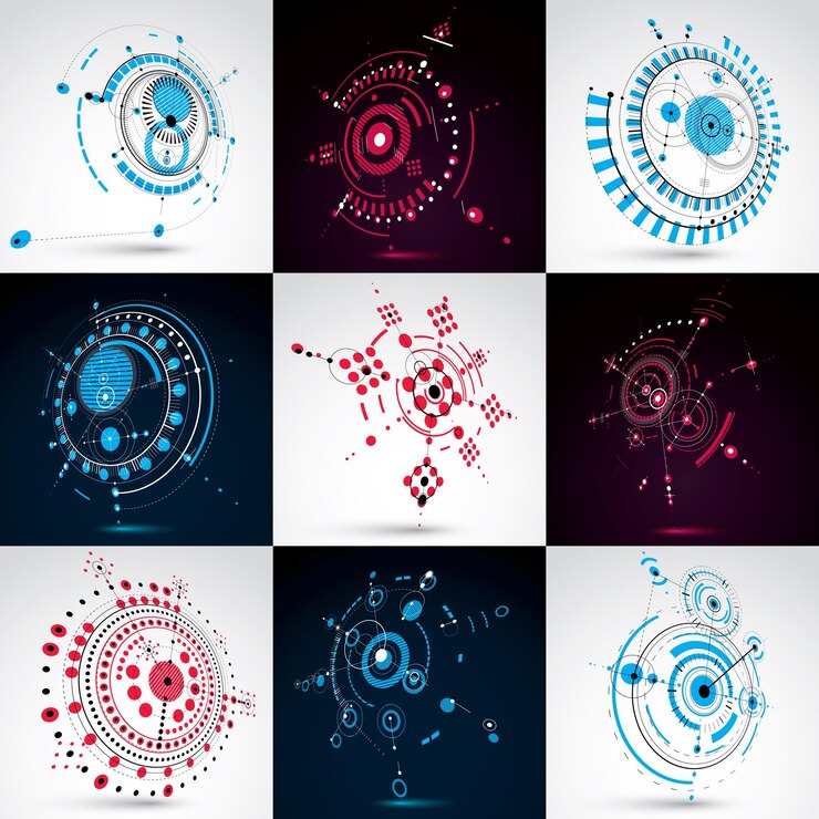 Vector conjunto de fondos abstractos vectoriales 3d creados en estilo retro bauhaus. la composición geométrica se puede utilizar como plantillas y diseños. fondos de pantalla de tecnología de ingeniería hechos con círculos.