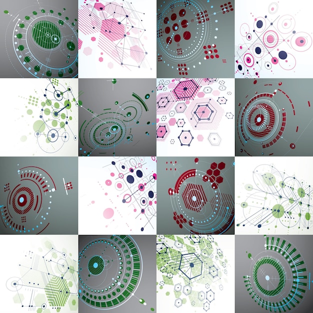 Conjunto de fondos abstractos vectoriales 3d creados en estilo retro Bauhaus. La composición geométrica se puede utilizar como plantillas y diseños. Papeles pintados de tecnología de ingeniería hechos con círculos y panales.