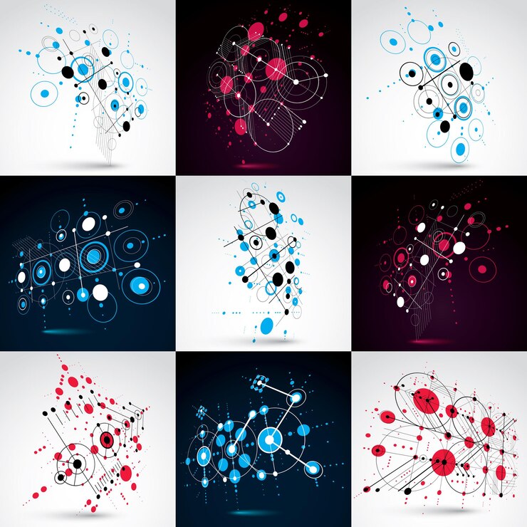 Vector conjunto de fondos abstractos vectoriales bauhaus hechos con cuadrícula y elementos geométricos simples superpuestos, círculos. obras de arte retro, plantillas gráficas de estilo tecnológico para afiches publicitarios.