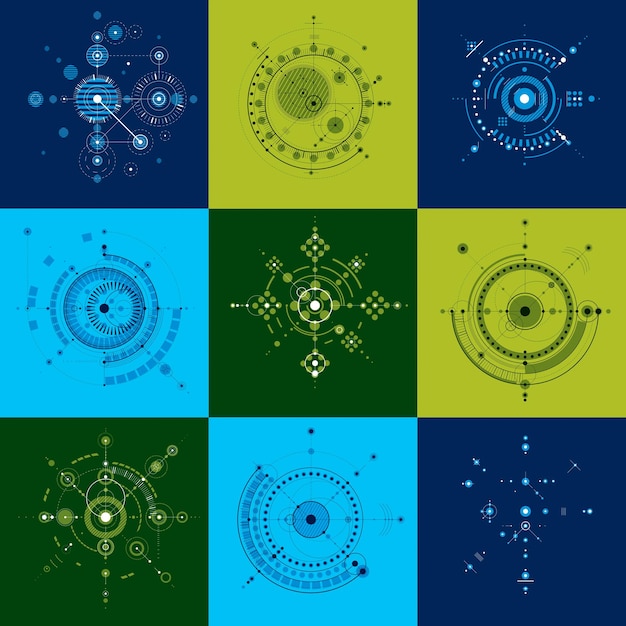 Conjunto de fondos abstractos vectoriales creados en estilo retro Bauhaus. La composición geométrica moderna se puede utilizar como plantillas y diseños. Papeles pintados tecnológicos de ingeniería hechos con círculos.