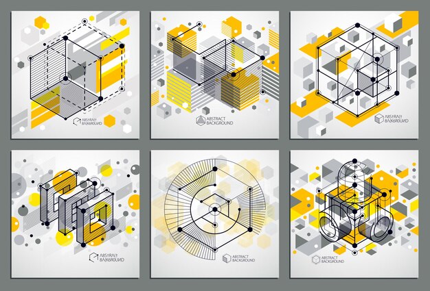 Conjunto de fondos amarillos abstractos vectoriales creados en estilo de líneas de malla isométrica. esquema mecánico, dibujo de ingeniería vectorial con piezas de cubo y mecanismo. fondo perfecto para tus diseños.