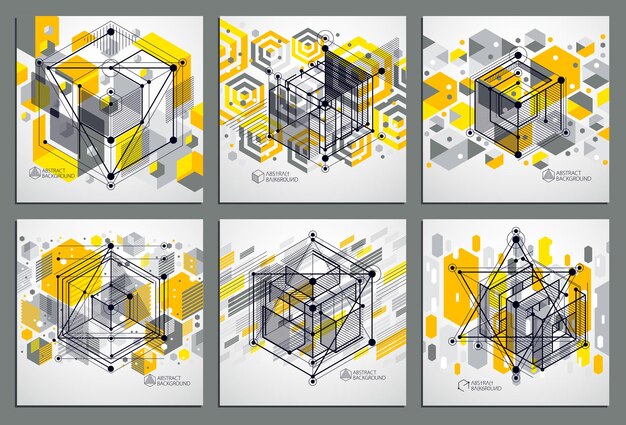 Conjunto de fondos amarillos abstractos vectoriales creados en estilo de líneas de malla isométrica. esquema mecánico, dibujo de ingeniería vectorial con piezas de cubo y mecanismo. fondo perfecto para tus diseños.