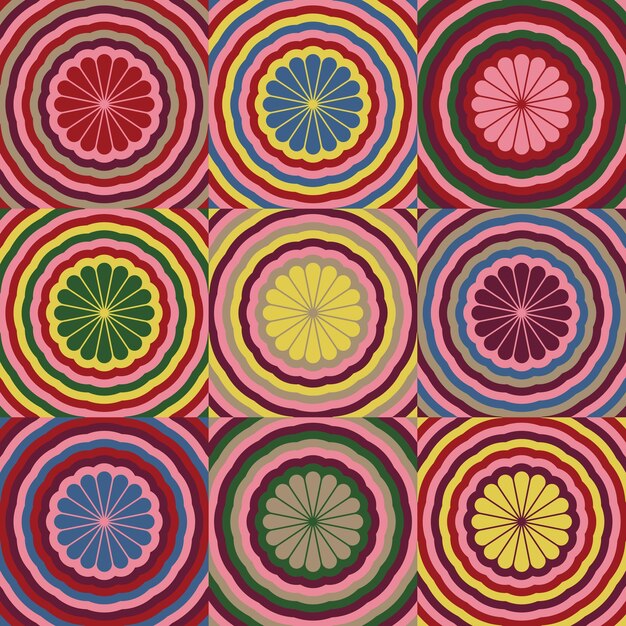 Conjunto de fondos de azulejos de poder de flor groovy de moda Objetos florales de estilo hippie estético retro