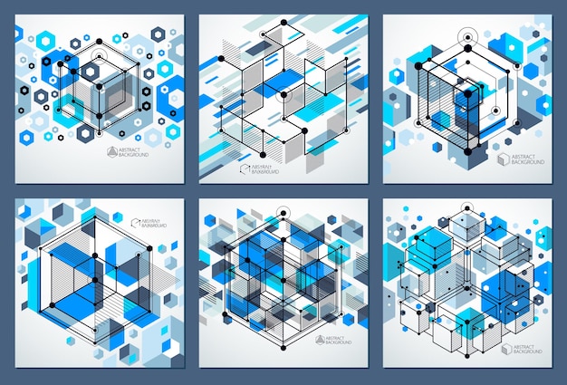 Conjunto de fondos azules 3D isométricos vectoriales abstractos de líneas y formas. Esquema abstracto de motor o mecanismo de ingeniería. Diseño de cubos, hexágonos, cuadrados, rectángulos y diferentes elementos.
