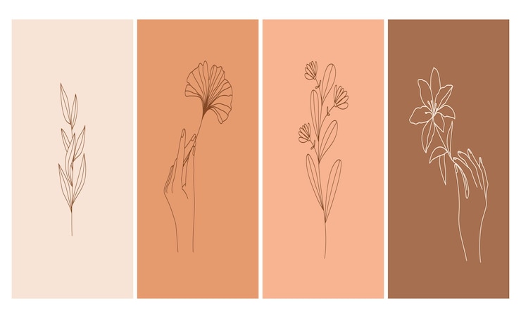 Vector conjunto de fondos boho en estilo lineal simple rama de manos de flor y elemento de hojas