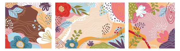 Conjunto de fondos coloridos únicos a la moda en tonos cálidos neutrosPatte floral abstracto