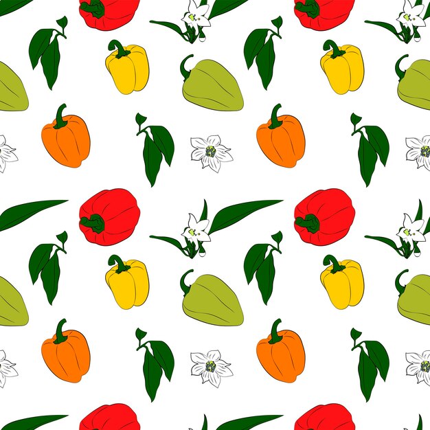 Un conjunto de fondos sin costuras con hojas de pimientos dulces y flores gráficos vectoriales