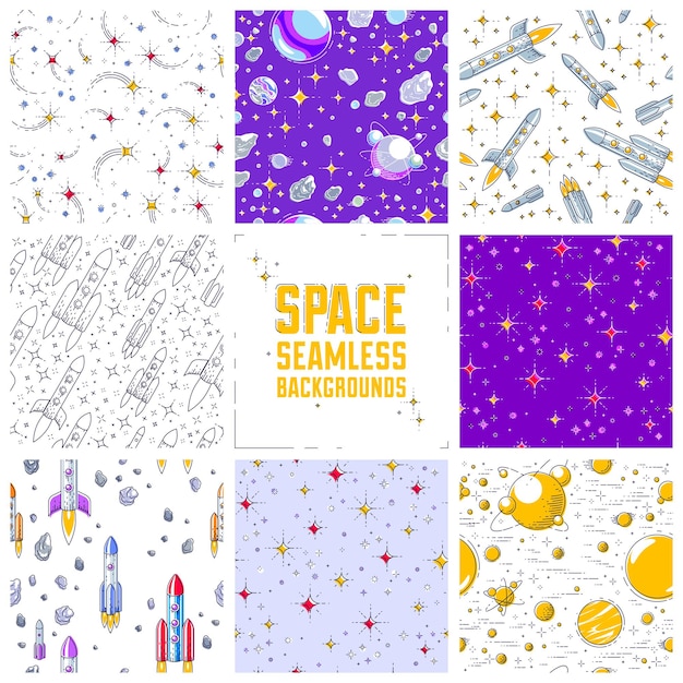 Conjunto de fondos espaciales sin fisuras con cohetes, planetas, asteroides, cometas, meteoros y estrellas, tela de textiles fantásticos del cosmos profundo sin descubrir para niños, patrón de mosaico sin fin, vector.