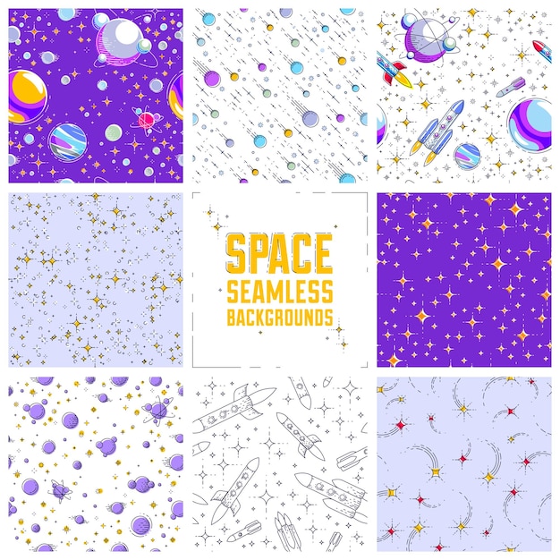 Conjunto de fondos espaciales sin fisuras con cohetes, planetas, asteroides, cometas, meteoros y estrellas, tela de textiles fantásticos del cosmos profundo sin descubrir para niños, patrón de mosaico sin fin, vector.
