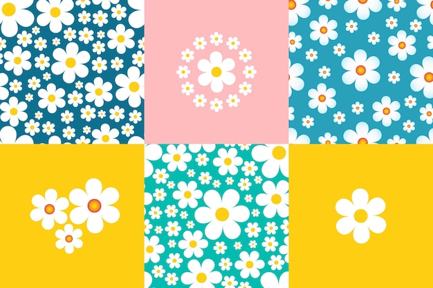 Conjunto de fondos florales patrones sin costuras margaritas fondo vectorial en estilo caricatura ingenuo