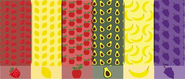 Vector conjunto de fondos de frutas de colores brillantes con etiquetas modernas mínimas patrones brillantes de verano con