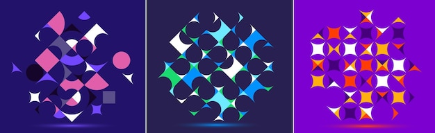 Conjunto de fondos geométricos abstractos, elementos de diseño vectorial en estilo retro de los años 70, composiciones complejas modernas con formas geométricas coloridas, diseños modulares.