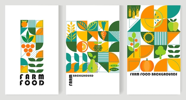 Un conjunto de fondos geométricos de alimentos de la granja
