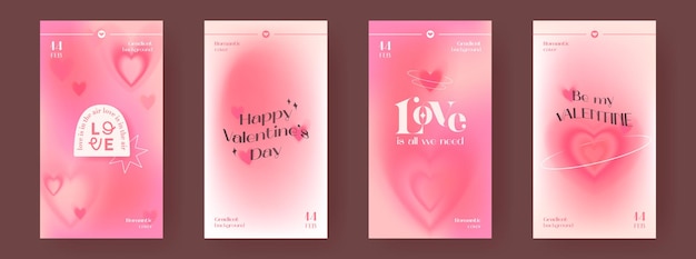 Conjunto de fondos con gradiente romántico para el Día de San Valentín Diseños elegantes de color rosa con tipografía moderna