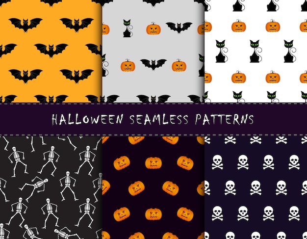 Conjunto de fondos de halloween. Colección de patrones sin fisuras en los colores tradicionales de vacaciones. Ilustración vectorial
