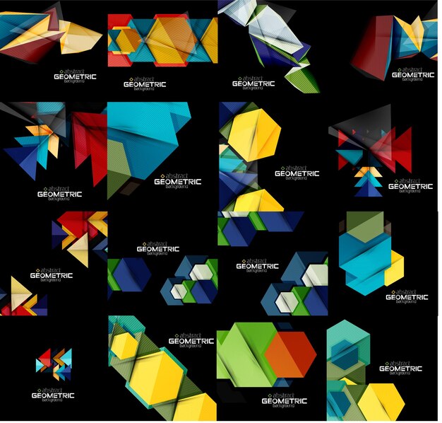 Conjunto de fondos negros abstractos geométricos con formas multicolores