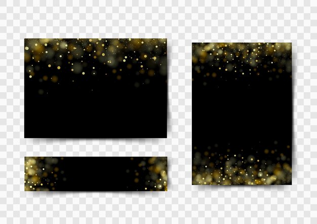 Conjunto de fondos negros con lentejuelas doradas. luces de bokeh transparentes doradas desenfocadas brillantes sobre fondo oscuro. fondo de oro festivo para tarjeta, volante, invitación, cartel, cupón.