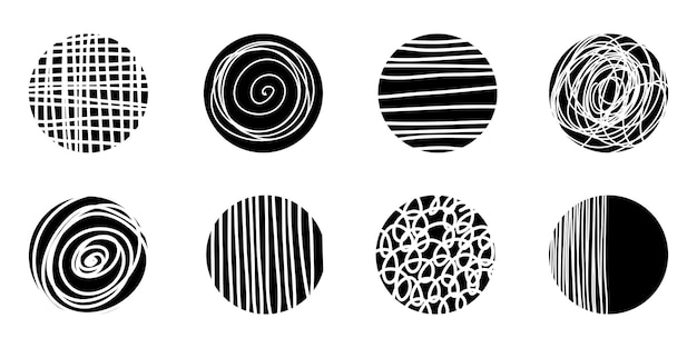 Conjunto de fondos o patrones negros abstractos redondos Formas de garabatos dibujadas a mano Puntos gotas curvas Líneas Contemporáneo moderno moderno Ilustración vectorial Carteles Plantillas de iconos de redes sociales