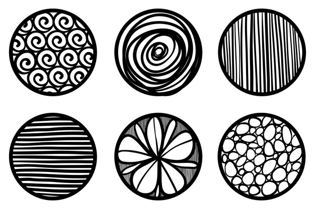 Conjunto de fondos o patrones negros abstractos redondos Formas de garabatos dibujadas a mano Puntos gotas curvas Líneas Contemporáneo moderno moderno Ilustración vectorial Carteles Plantillas de iconos de redes sociales