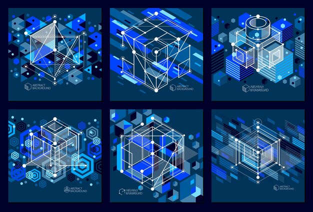 Conjunto de fondos de pantalla 3D de vector azul oscuro tecnológico de ingeniería hechos con cubos y líneas. Ilustración del sistema de ingeniería, telón de fondo tecnológico abstracto. Antecedentes técnicos abstractos.