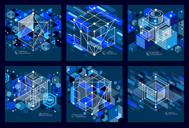 Conjunto de fondos de pantalla 3d de vector azul oscuro tecnológico de ingeniería hechos con cubos y líneas. ilustración del sistema de ingeniería, telón de fondo tecnológico abstracto. antecedentes técnicos abstractos.