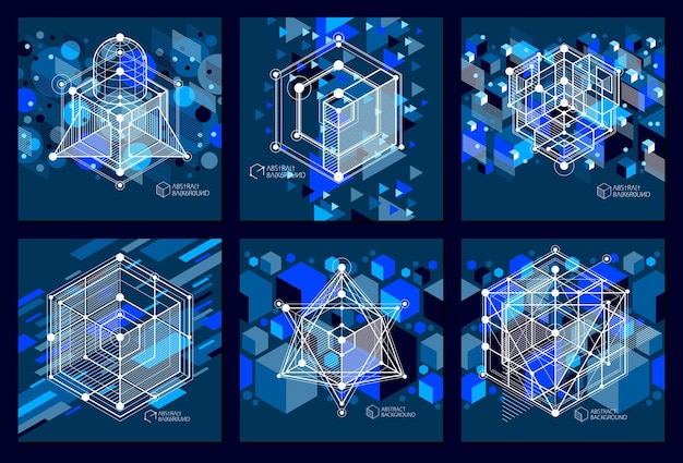 Conjunto de fondos de pantalla azul oscuro de vector de tecnología de ingeniería hechos con cubos y líneas 3d. papel pintado tecnológico de ingeniería hecho con panales. antecedentes técnicos abstractos.