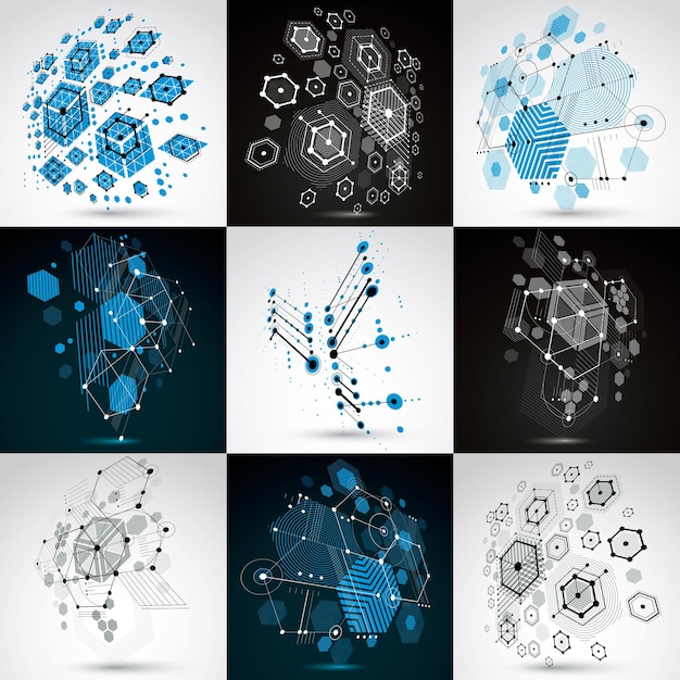 Vector conjunto de fondos de pantalla retro bauhaus, fondos vectoriales de arte hechos con cuadrícula y hexágonos. las ilustraciones gráficas geométricas de la década de 1960 se pueden utilizar como diseño de portada de folleto.