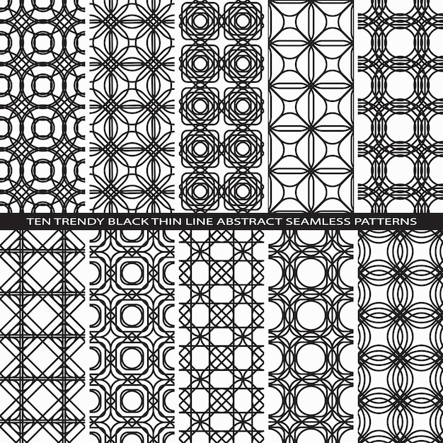 Conjunto de fondos de patrones sin costuras de línea delgada negra de moda con elementos florales todos presentes como textura sin fin en el diseño lineal del panel de muestra fácilmente editable