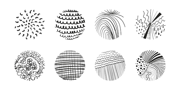 Conjunto de fondos de patrones negros abstractos redondos Formas de círculo de garabato dibujadas a mano textura de garabato