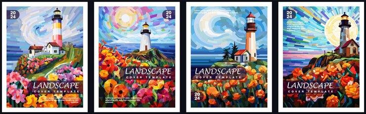 Conjunto de fondos de portada de cuaderno o diario Paisajes con un faro