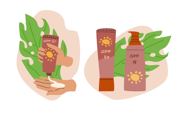Conjunto de fondos de productos cosméticos para la protección solar en ilustración vectorial de estilo plano aislado