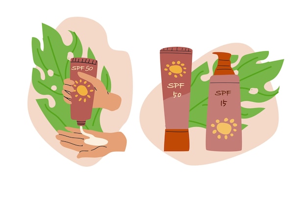 Vector conjunto de fondos de productos cosméticos para la protección solar en ilustración vectorial de estilo plano aislado