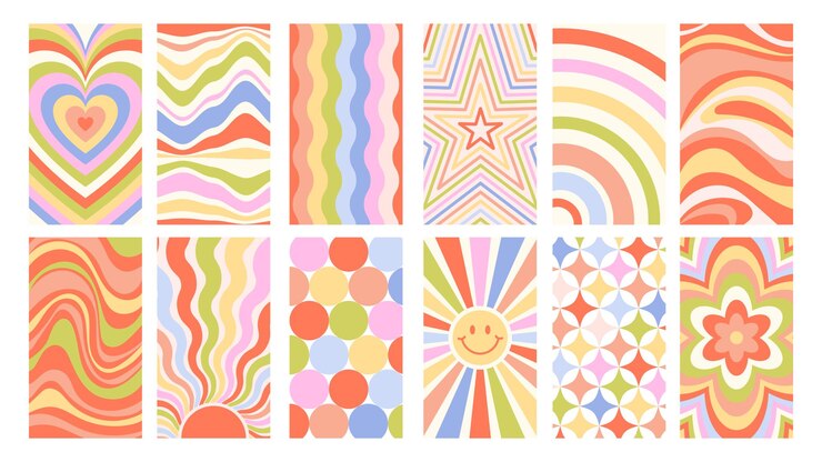 Vector conjunto de fondos retro vintage de arco iris en estilo de los años 80 estética retro de hippie groovy