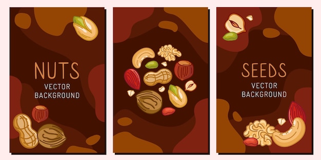 Un conjunto de fondos para storis con nueces fondos para embalaje ilustración vectorial de nueces