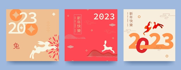 Conjunto de fondos tarjetas de felicitación carteles cubiertas de vacaciones Feliz Año Nuevo Chino del Conejo Traducción al chino Feliz Año Nuevo el símbolo del año es el conejo Ilustración vectorial