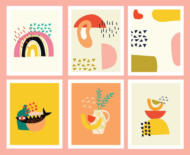 Conjunto de fondos con varias formas dibujadas a mano y objetos de doodle. Ilustración de vector de moda moderno contemporáneo abstracto.